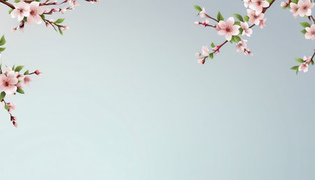 cherry blossom branch on blue background with space for your textの素材