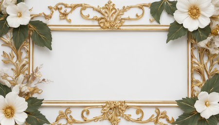 Golden frame with white flowers and leaves on white background. Flat lay, top view.の素材