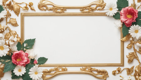 Frame with flowers on white background. Flat lay, top view.の素材