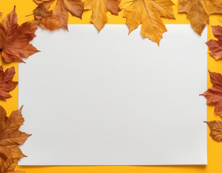 White sheet of paper with autumn leaves on yellow background. Flat lay, top viewの素材