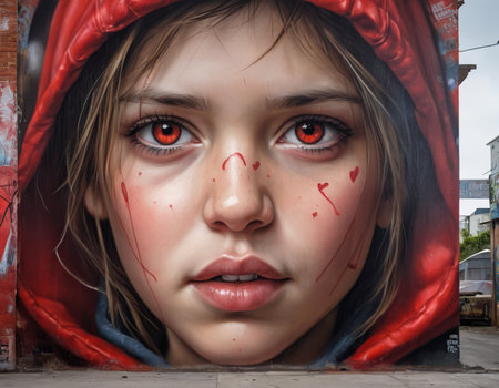 Portrait of a girl with blood on her face in a hoodの素材