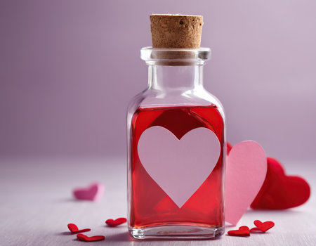Bottle of love potion with hearts on wooden table, closeupの素材
