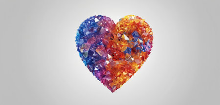 Colorful heart made of diamonds on gray background. 3D renderingの素材