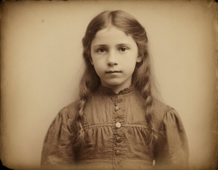Little girl with braids in a brown dress. Photo in old image style.の素材