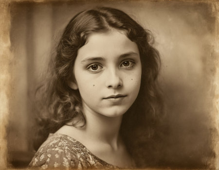 Retro portrait of a beautiful girl with curly hair. Photo in sepia.の素材