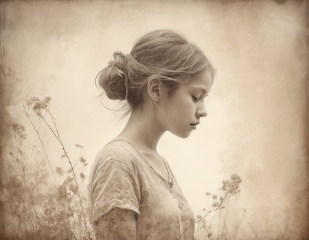 Portrait of a beautiful girl in the field. Photo in old image style.の素材