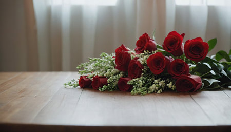 Bouquet of red roses on a wooden table with white curtains.の素材