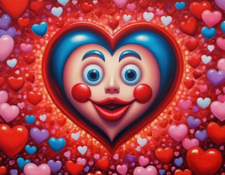 The face of a clown in the form of a heart on a background of heartsの素材