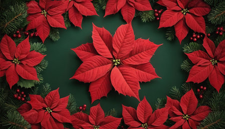 Christmas background with poinsettia and fir branches on green backgroundの素材