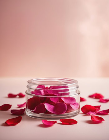 Rose petals in a glass jar on a pink background with copy spaceの素材