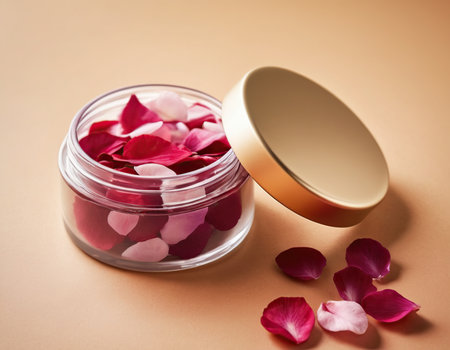 Rose petals in a glass jar on a beige background.の素材