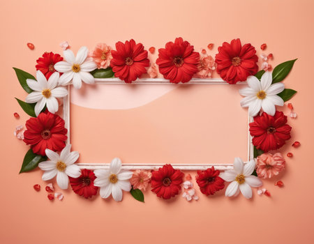 Flower frame with red and white flowers on a pink background.の素材