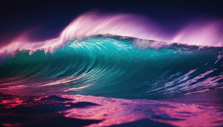 Surfing ocean wave at night. Blue and pink colors. 3D Renderingの素材