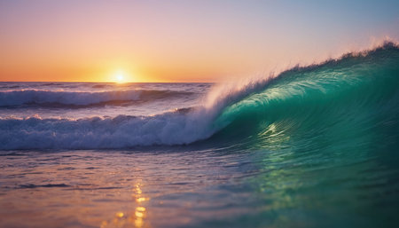 Ocean wave at sunset. Beautiful natural background with copy space. Wide angle view.の素材
