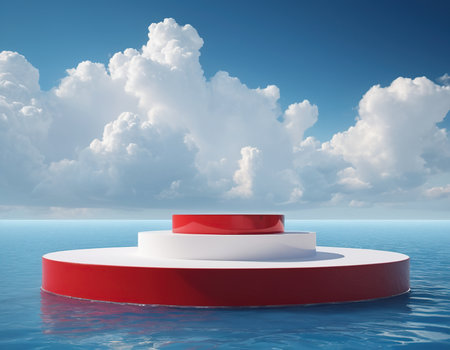 3d rendering of white podium on the sea with clouds in the backgroundの素材