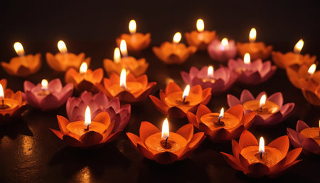 Burning candles in the shape of a flower on a dark backgroundの素材