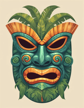 Tribal mask with palm leaves. Vector illustration in vintage style.の素材