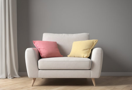 Comfortable sofa in modern living room interior with pillows. 3d renderの素材