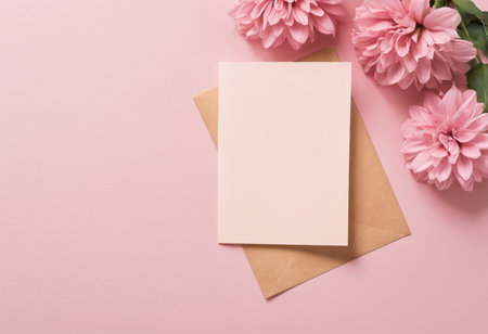 Top view of pink flowers and envelope on pink background with copy spaceの素材