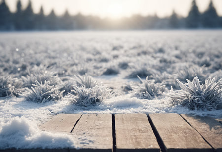 Wooden table in the field covered with hoarfrost at sunriseの素材