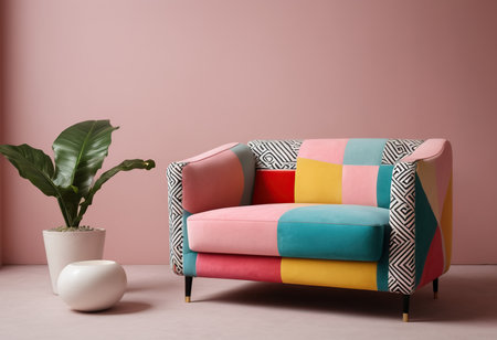 Interior of living room with sofa and plant on color wall backgroundの素材