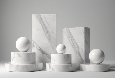 Abstract minimal scene with marble podiums on white background. 3d renderの素材
