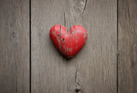 Red heart on old wooden background, valentine's day conceptの素材