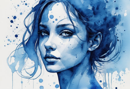 Portrait of a beautiful girl with blue watercolor blots.の素材