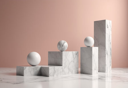 White marble podium with balls on a pink background. 3d renderの素材