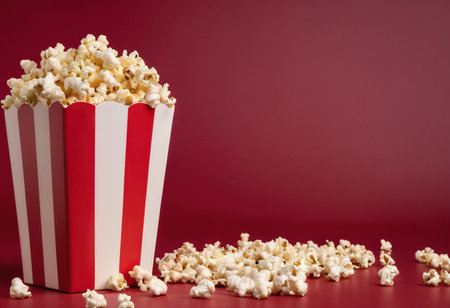 Popcorn in striped box on red background. Cinema concept. Copy space.の素材