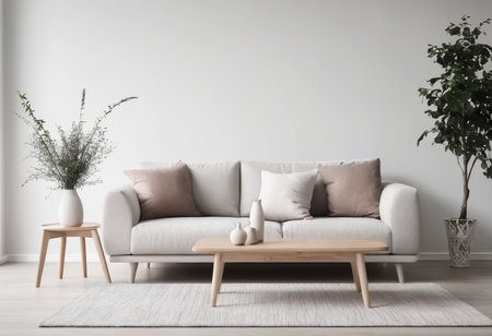 Modern living room interior with sofa, coffee table and plant. 3d renderの素材