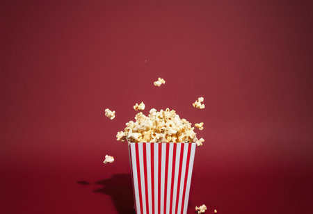 Popcorn in striped bucket on a red background. Cinema concept.の素材