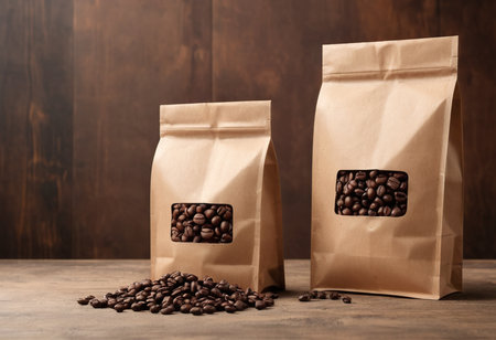 Coffee beans in paper bags on wooden background. Copy spaceの素材