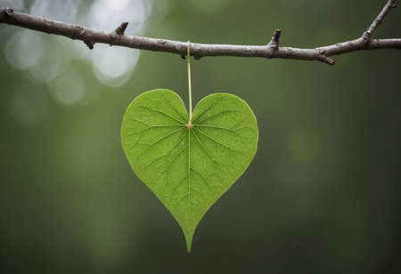 Heart shaped leaves on a tree branch with green background, love conceptの素材