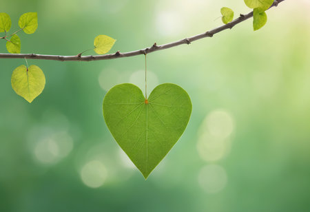 Heart shaped leaf on green bokeh background, Love concept.の素材