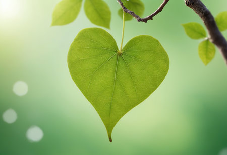Heart shaped leaf on green bokeh background, Love concept.の素材
