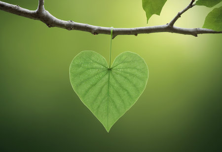Heart shaped leaf on a tree branch with green background, Love conceptの素材