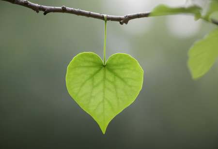 Heart shaped leaf on a tree in the forest, natural background.の素材