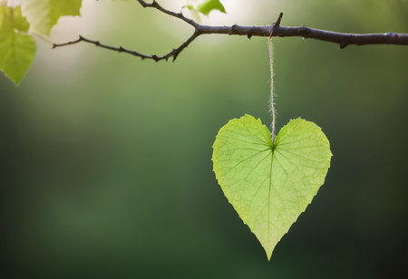 Heart shaped leaf on a tree branch with green background, Love conceptの素材