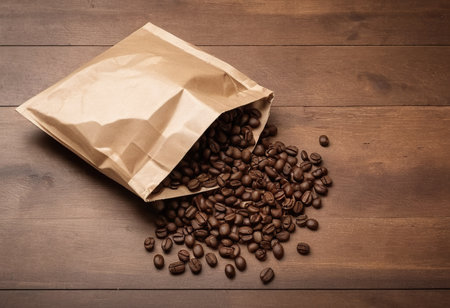 Coffee beans in paper bag on wooden background. Toned.の素材