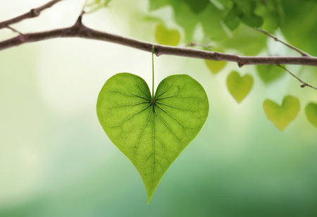 Heart shaped leaf on green bokeh background, Love concept.の素材