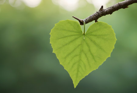 Heart shaped leaf on a tree branch with copy space for your textの素材