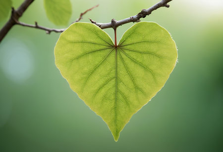 Heart shaped leaf on blurred green background with copy space for text.の素材