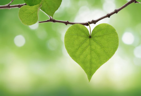Heart shaped leaf on green bokeh background, Love concept.の素材