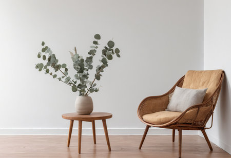 Interior of a modern living room with wicker armchair and vase with eucalyptusの素材