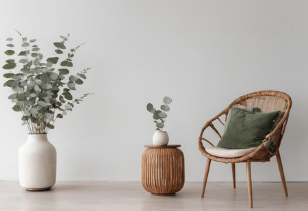 Interior of modern living room with rattan armchair and vase with eucalyptusの素材