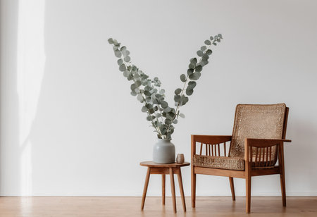 modern living room interior with chair and vase with eucalyptus leavesの素材