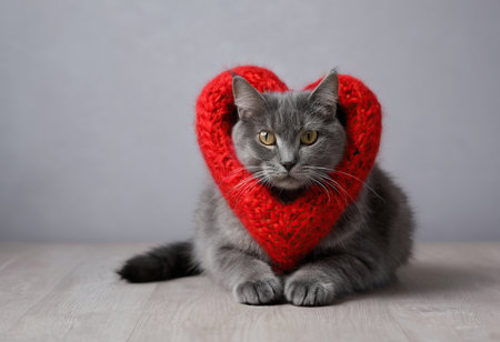 Cute gray cat in a red knitted heart on a gray backgroundの素材