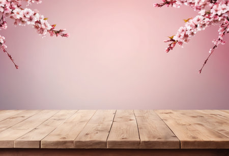 Empty wooden table over pink cherry blossoms background. For product displayの素材