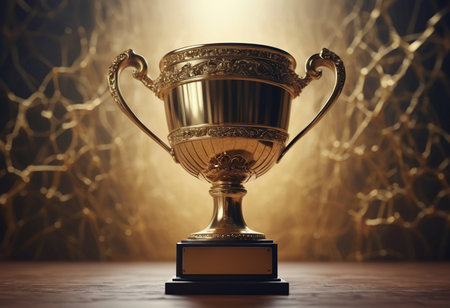 Golden trophy on dark background. 3d illustration. Selective focus.の素材